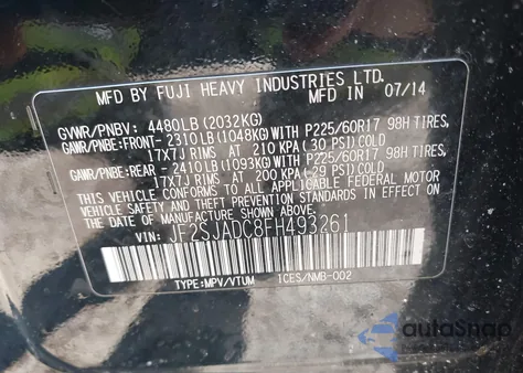 2015 Subaru Forester 2.5I Premium z USA, uszkodzony, nr VIN JF2SJADC8FH493261